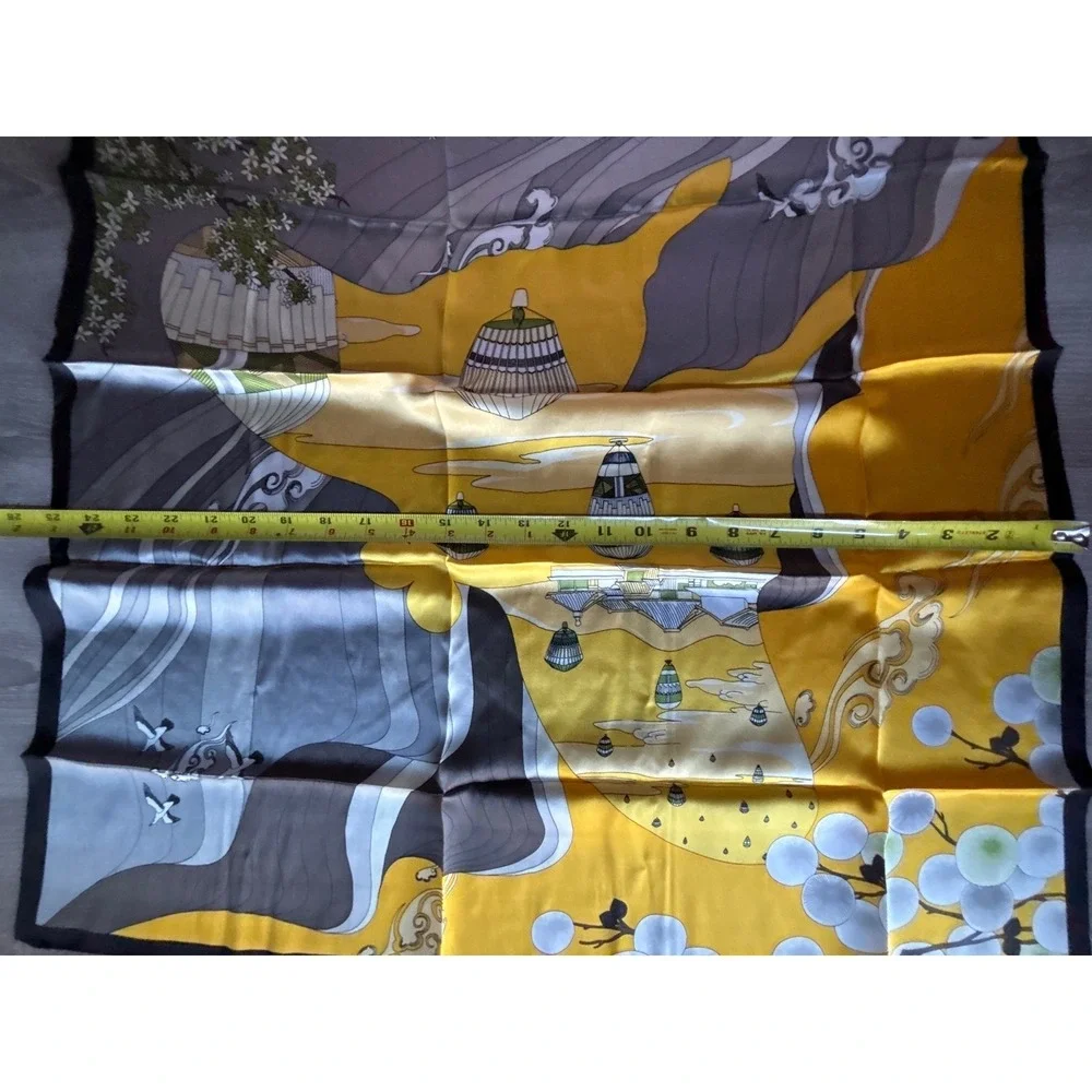 Silk Square Scarf‎ Hot Air Balloon Landscape Print Yellow Grey Black 25
